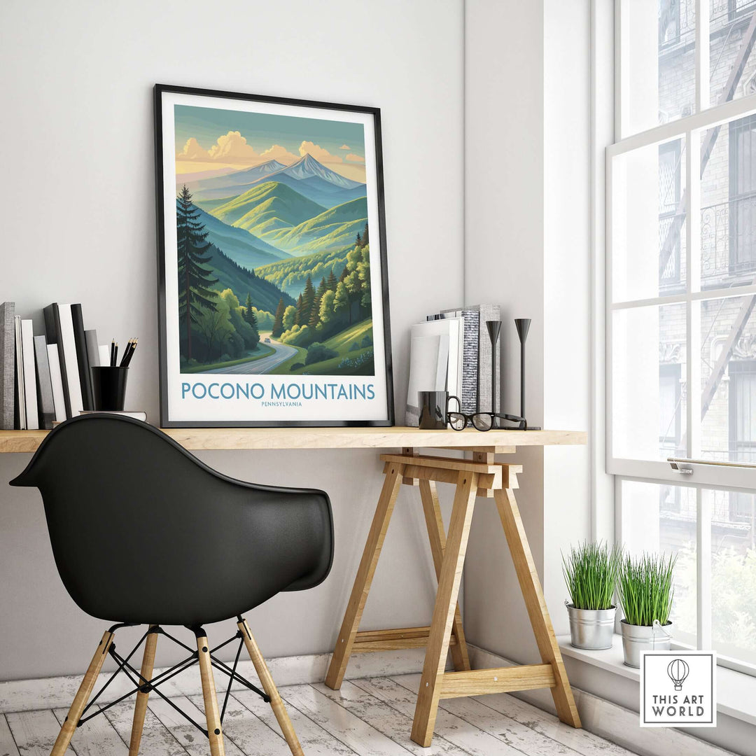 Pocono Mountains mountain road print displayed in a modern office setting, perfect for Pennsylvania landscape decor.