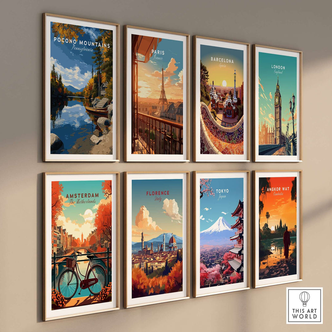 Collection of travel art prints featuring Pocono Mountains, Paris, Barcelona, London, Amsterdam, Florence, Tokyo, and Angkor Wat.