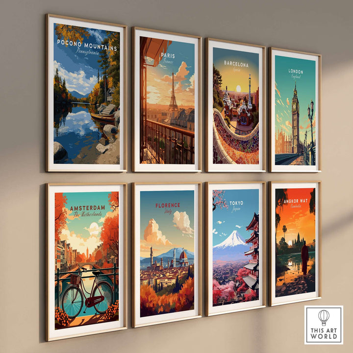 Collection of travel art prints featuring Pocono Mountains, Paris, Barcelona, London, Amsterdam, Florence, Tokyo, and Angkor Wat.