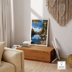 Pocono Mountains Pennsylvania Lakeside Art Print - Serene Nature Poster displayed in a cozy room with wooden accents.