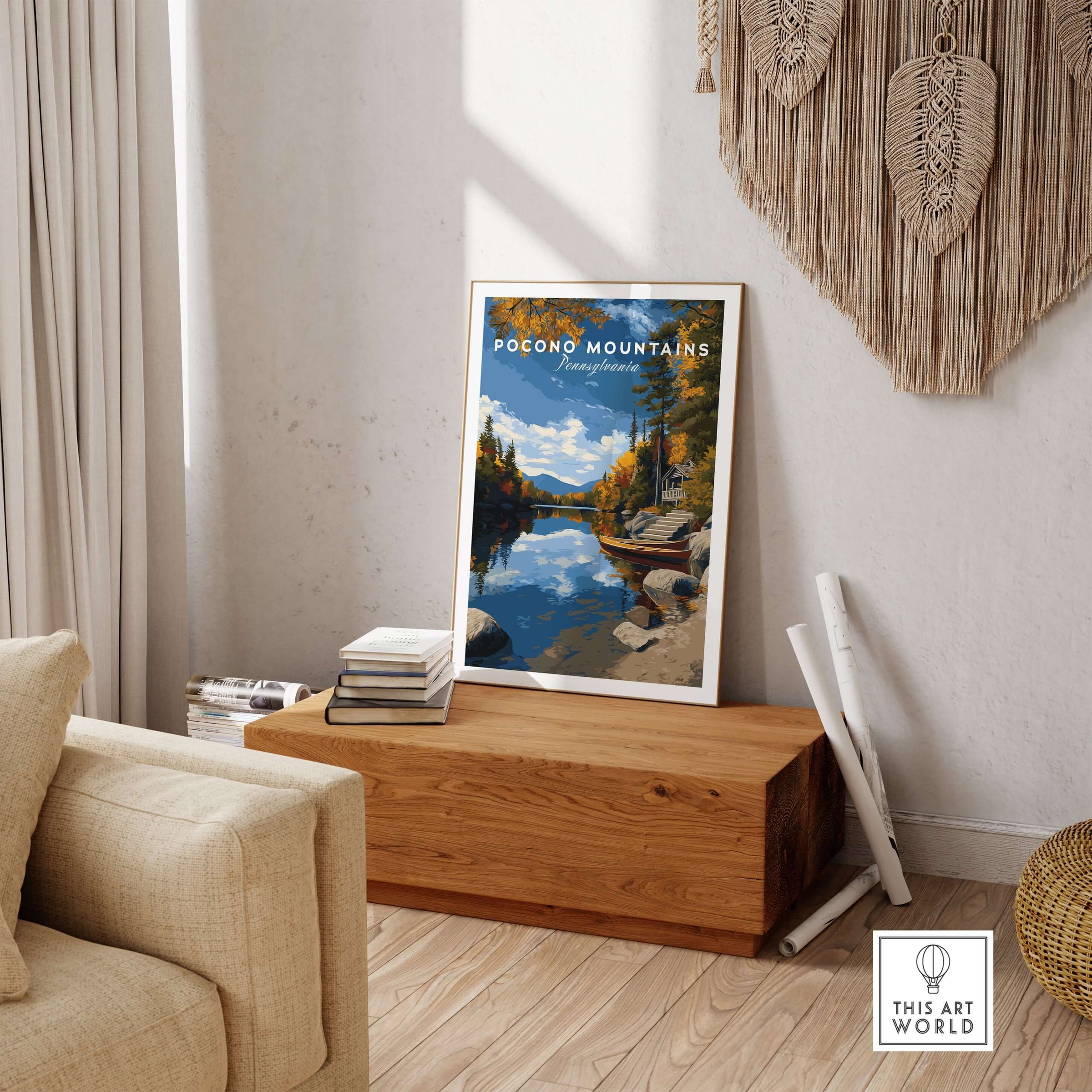 Pocono Mountains Pennsylvania Lakeside Art Print - Serene Nature Poster displayed in a cozy room with wooden accents.