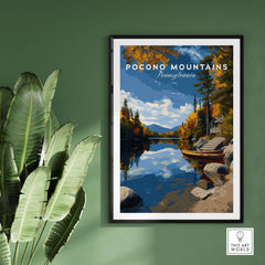 Pocono Mountains Pennsylvania Lakeside Art Print - Serene Nature Poster showcasing a tranquil lakeside scene.