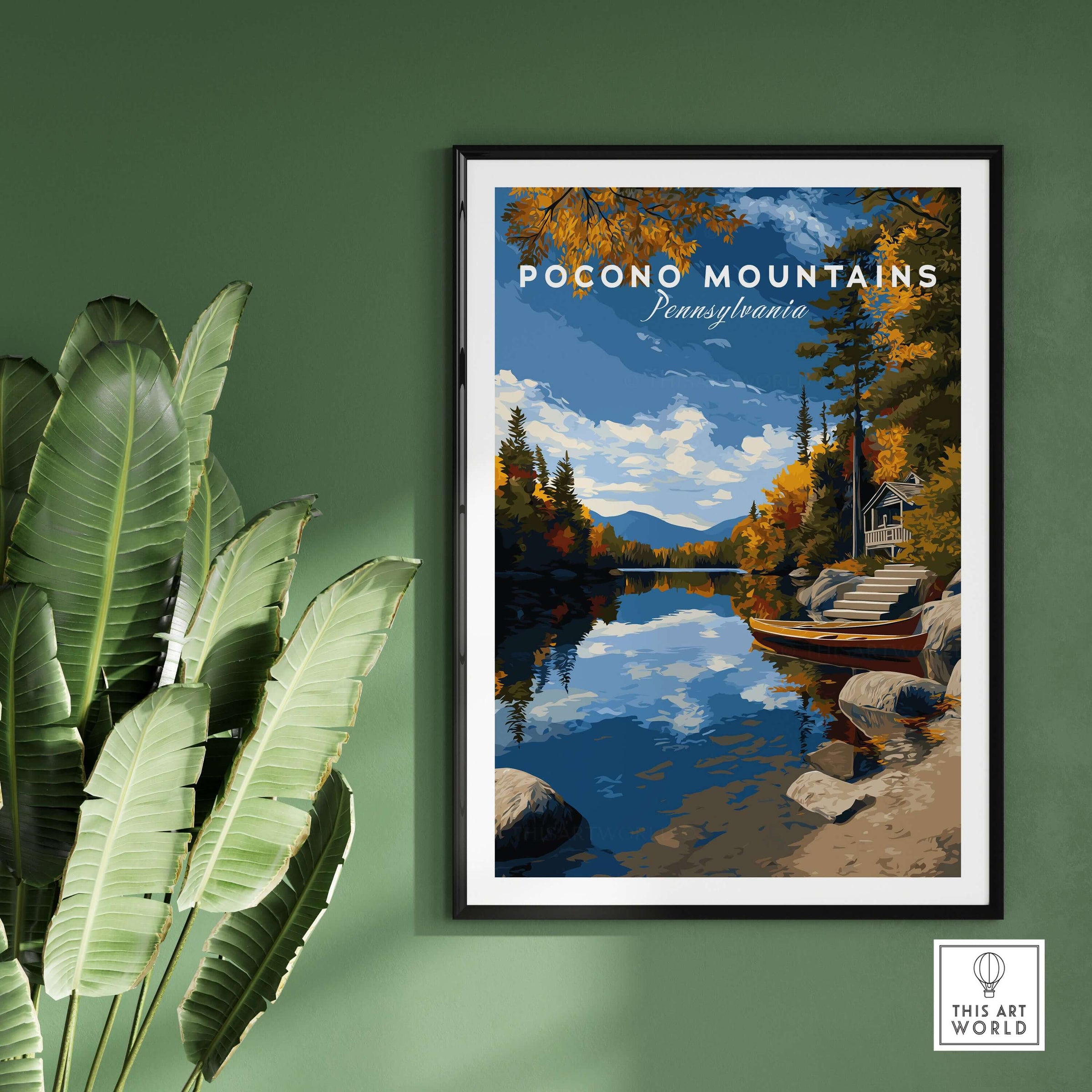 Pocono Mountains Pennsylvania Lakeside Art Print - Serene Nature Poster showcasing a tranquil lakeside scene.