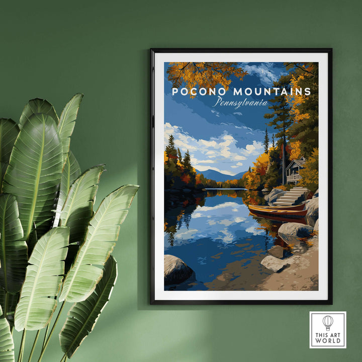 Pocono Mountains lakeside art print featuring serene nature scene in Pennsylvania, perfect for home decor.