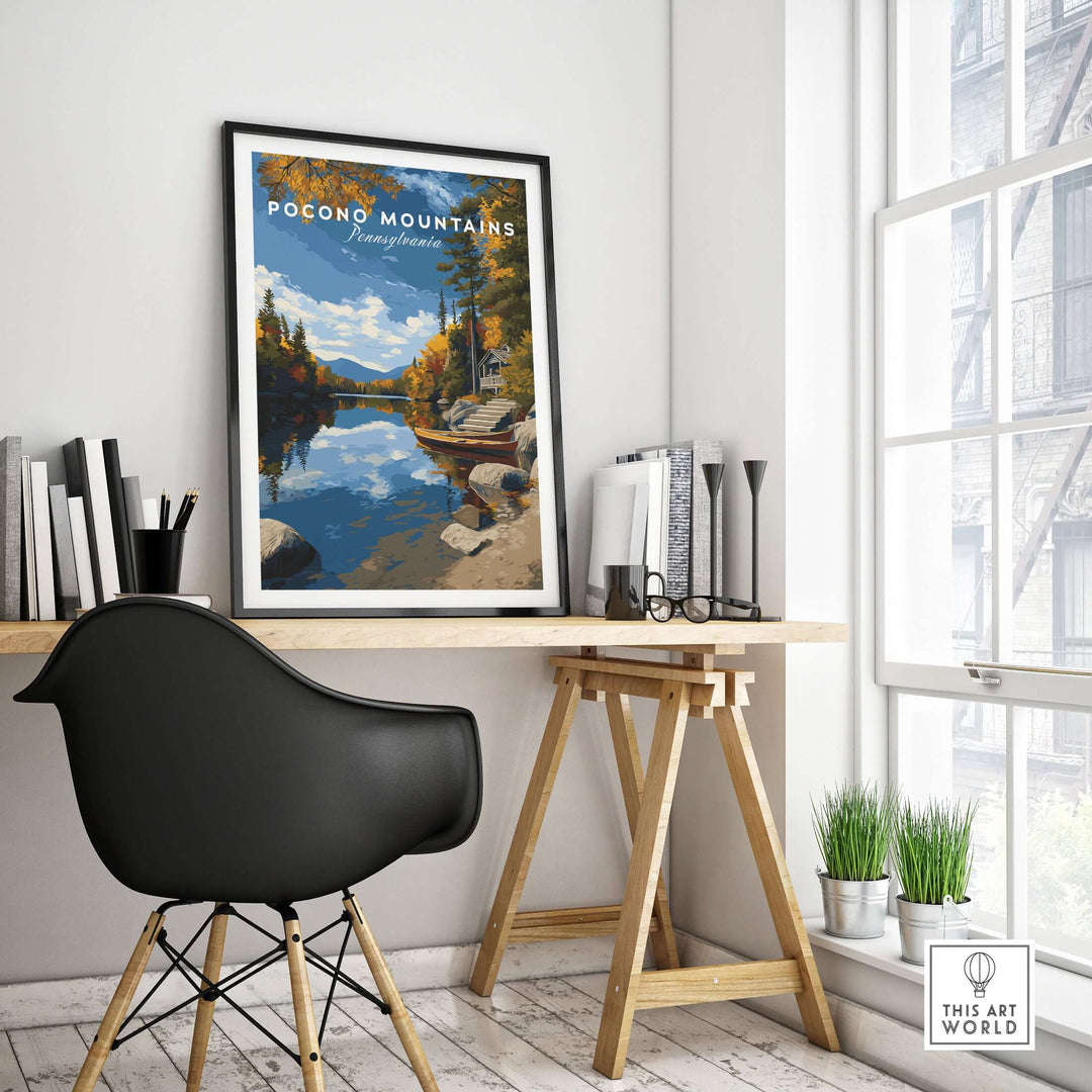 Pocono Mountains lakeside art print displayed in a minimalist room with a black chair and natural light.