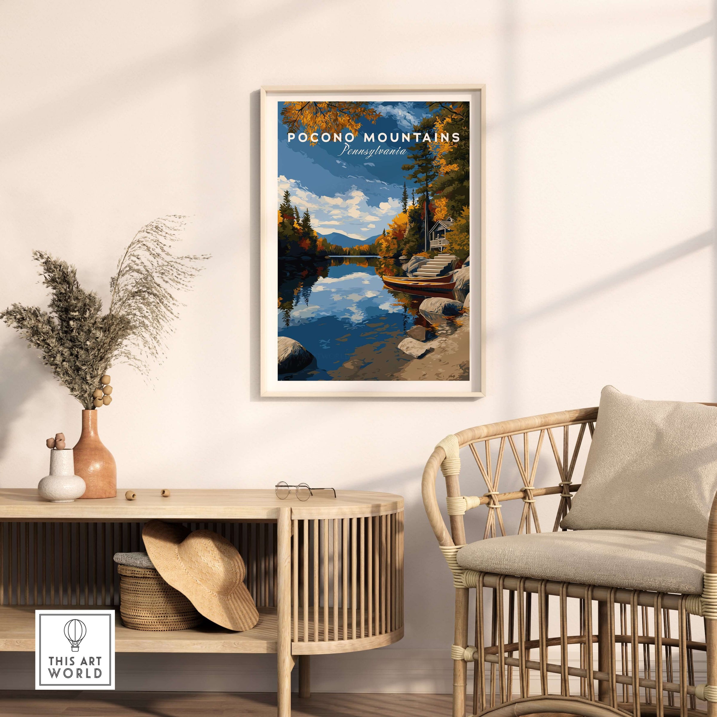 Pocono Mountains Pennsylvania Lakeside Art Print - Serene Nature Poster displayed in a modern room with natural decor.