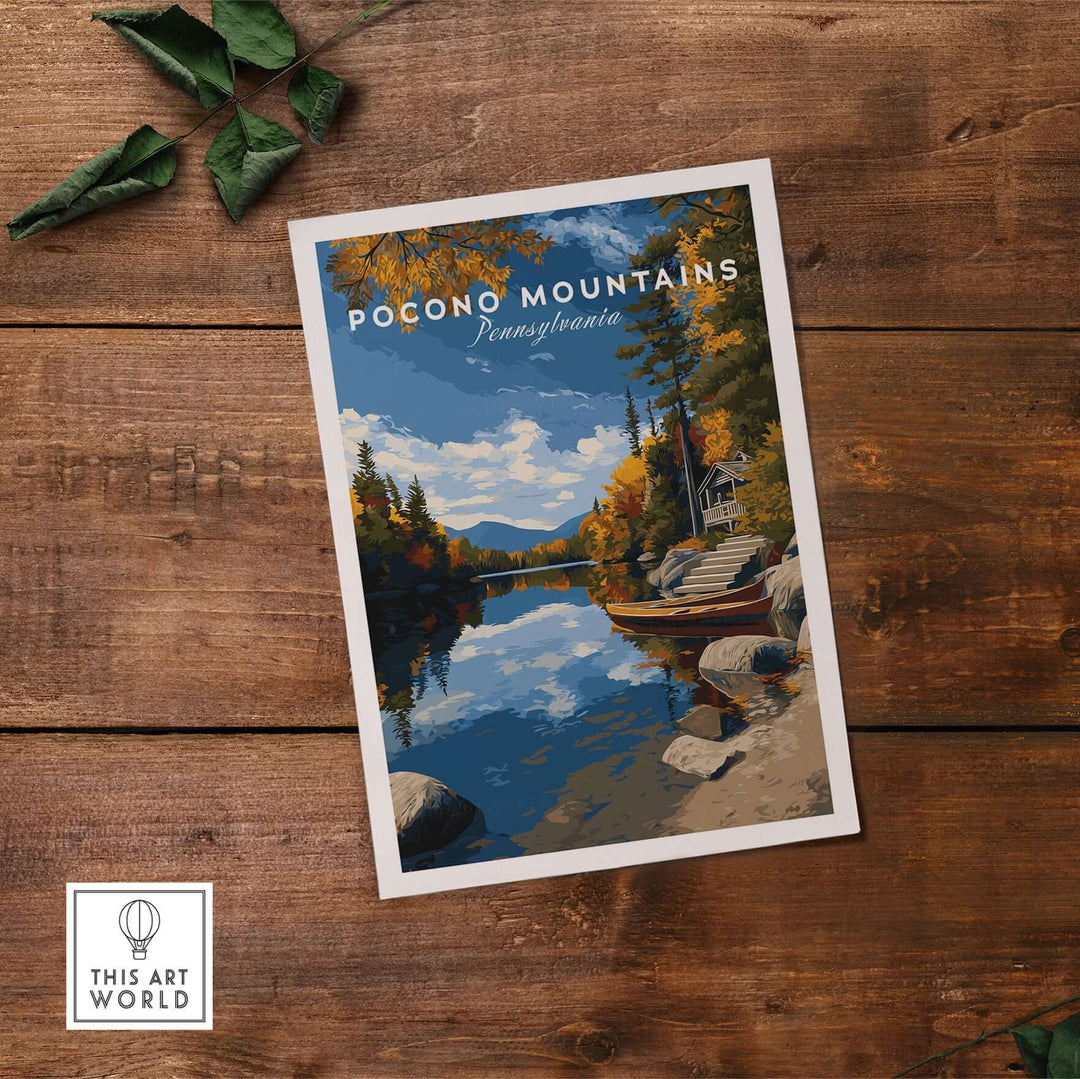 Pocono Mountains Pennsylvania lakeside art print featuring serene fall colors and tranquil water reflections.