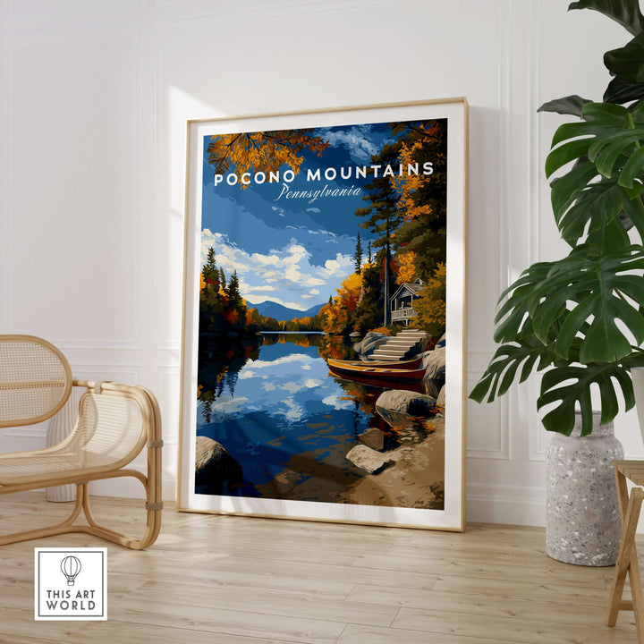 Pocono Mountains Pennsylvania lakeside art print featuring autumn colors and serene water reflections.