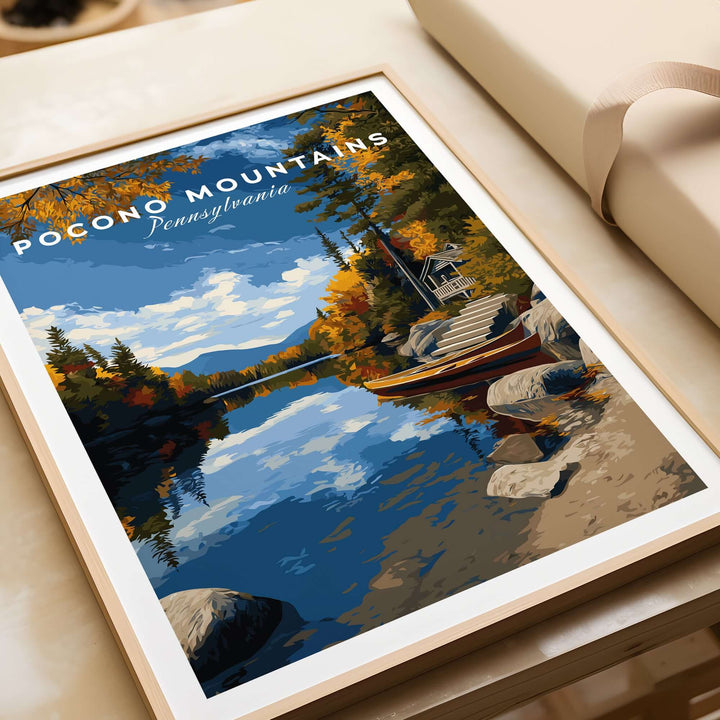 Pocono Mountains lakeside art print showcasing tranquil scenery in Pennsylvania, perfect for adding serenity to home decor.
