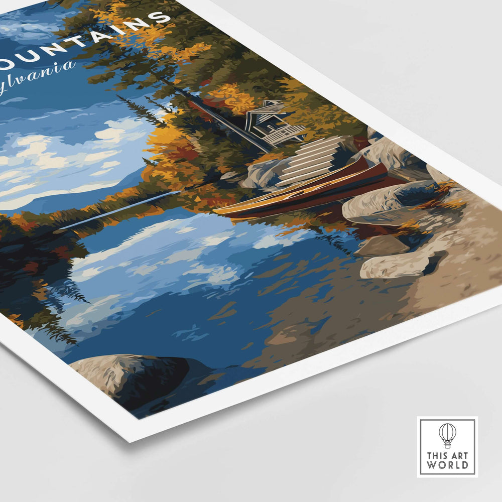 Pocono Mountains lakeside art print showcasing serene nature, with a peaceful scene reflecting autumn colors and a cozy cabin.