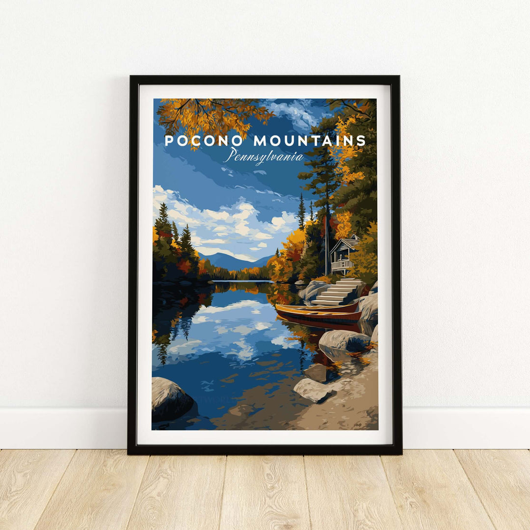 Framed Pocono Mountains art print showcasing a tranquil lakeside scene in autumn colors, highlighting Pennsylvania's natural beauty.