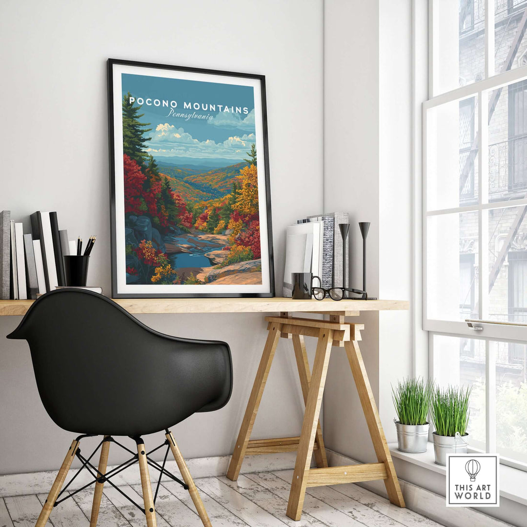 Scenic Pocono Mountains poster displayed in a modern home office, showcasing vibrant colors and natural beauty.