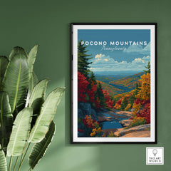 Pocono Mountains Pennsylvania Mountain Vista Poster - Scenic Valley Wall Art framed on green wall with plants.