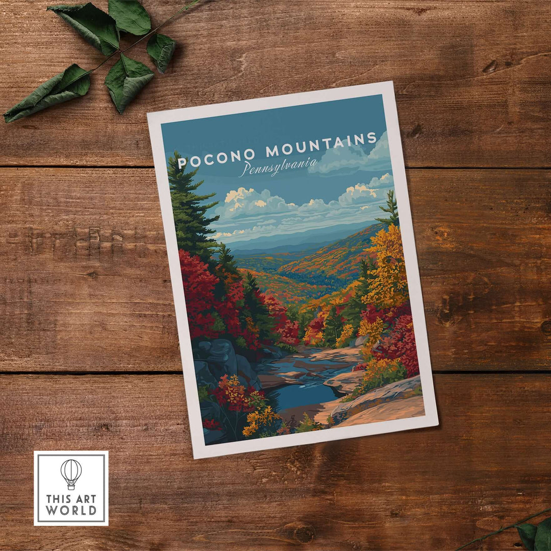 Pocono Mountains scenic poster with vibrant fall colors, showcasing a beautiful valley landscape in Pennsylvania.