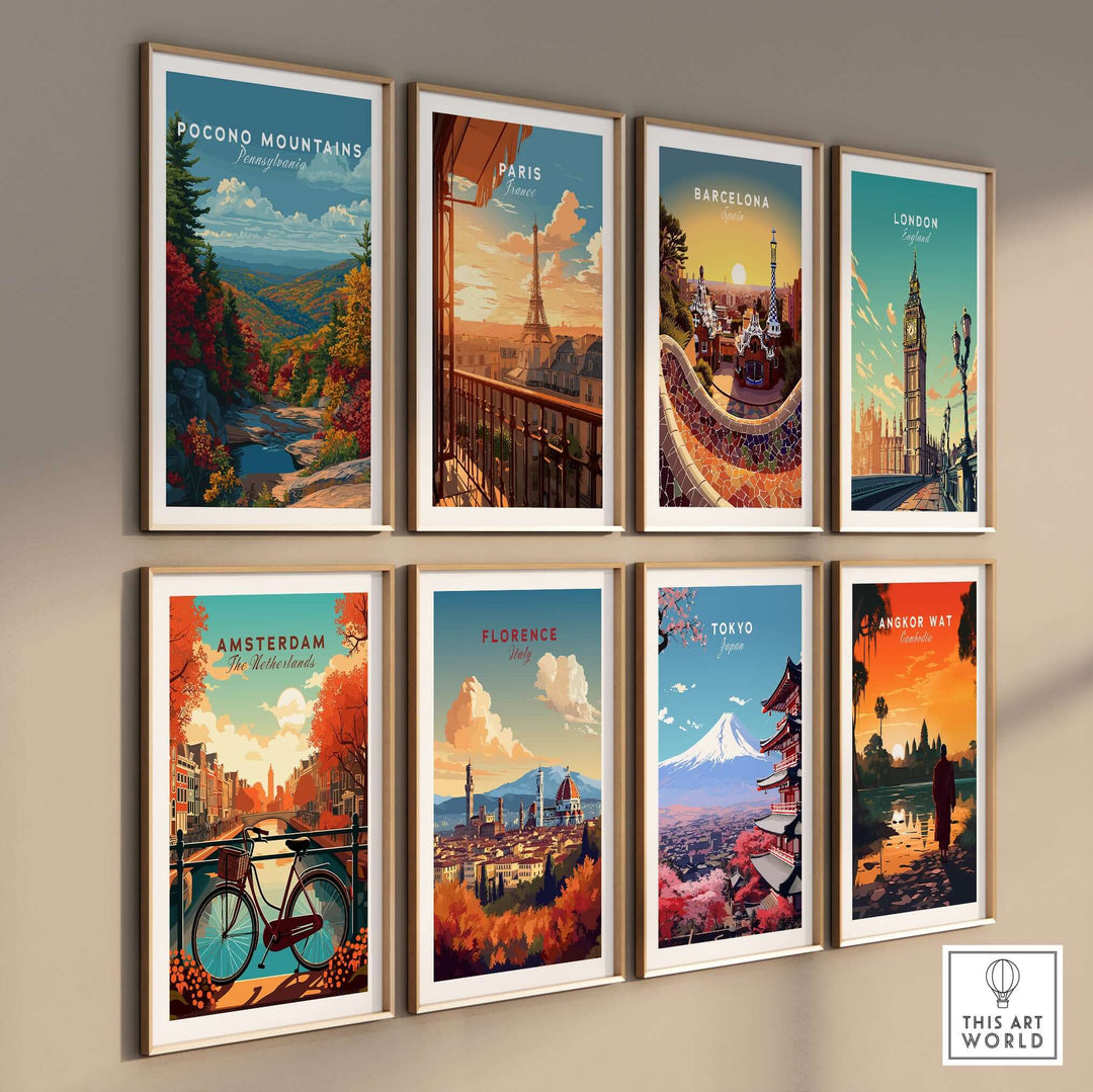 Gallery wall featuring travel posters from Pocono Mountains, Paris, Barcelona, London, Amsterdam, Florence, Tokyo, and Angkor Wat.