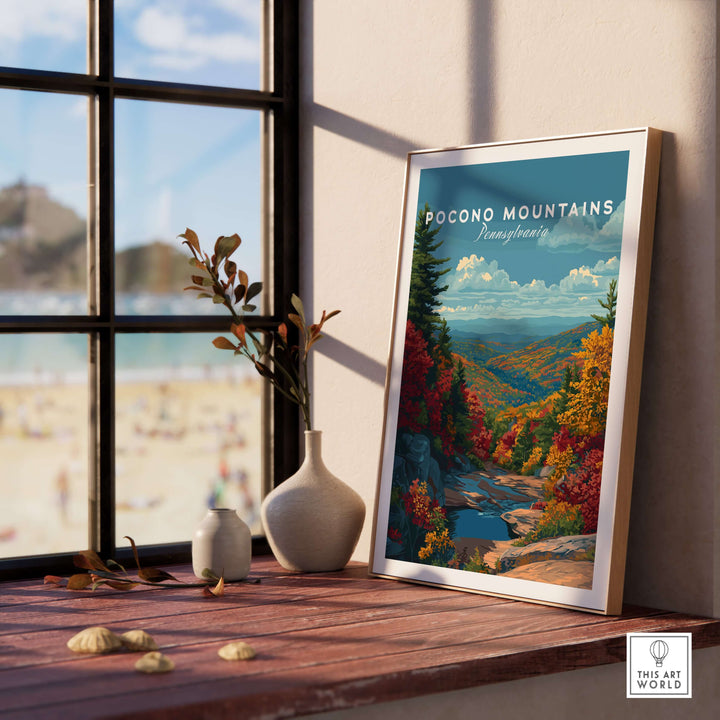Pocono Mountains Pennsylvania scenic valley poster displayed in a cozy interior with autumn colors and a beach view.