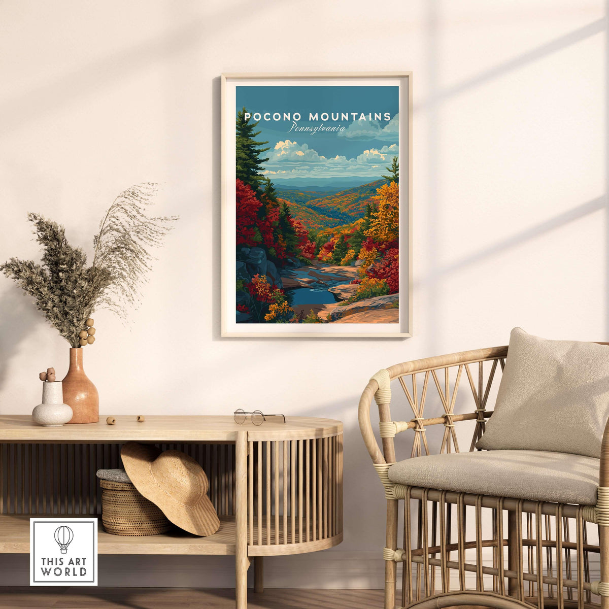 Pocono Mountains Pennsylvania Mountain Vista Poster - Scenic Valley Wall Art displayed in a stylish home interior.
