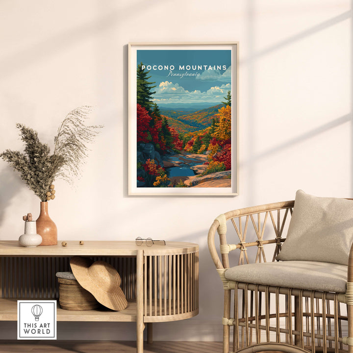 Pocono Mountains Pennsylvania Mountain Vista Poster in cozy living room decor, showcasing vibrant scenic valley art.