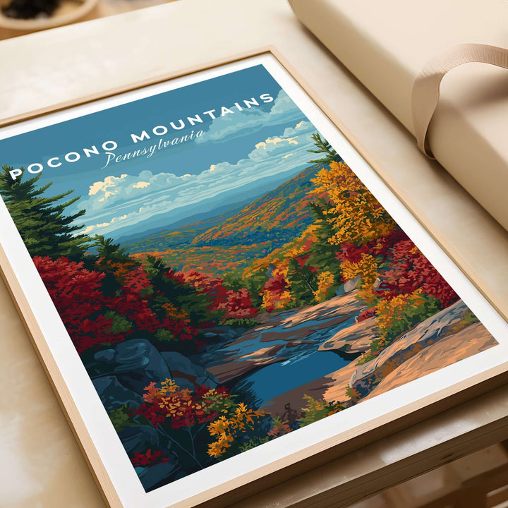 Framed Pocono Mountains poster showcasing vibrant fall foliage and scenic valley view, ideal for nature lovers decor.
