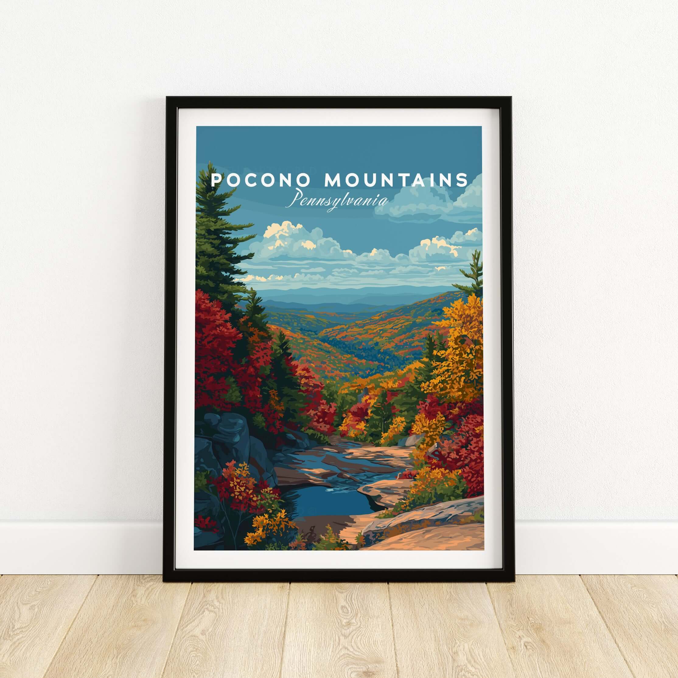 Pocono Mountains Pennsylvania Mountain Vista Poster - Scenic Valley Wall Art featuring vibrant autumn scenery.