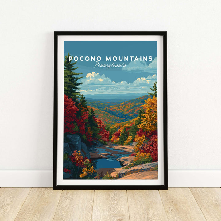 Pocono Mountains Pennsylvania poster featuring vibrant autumn scenery and a serene valley view.