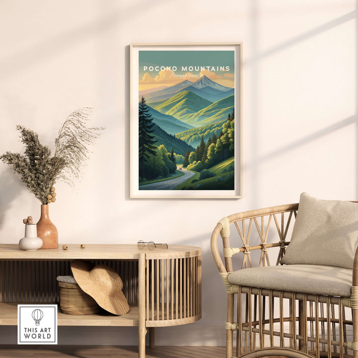 Pocono Mountains Pennsylvania scenic drive poster showcasing a vibrant green valley, perfect for wall decor inspiration.