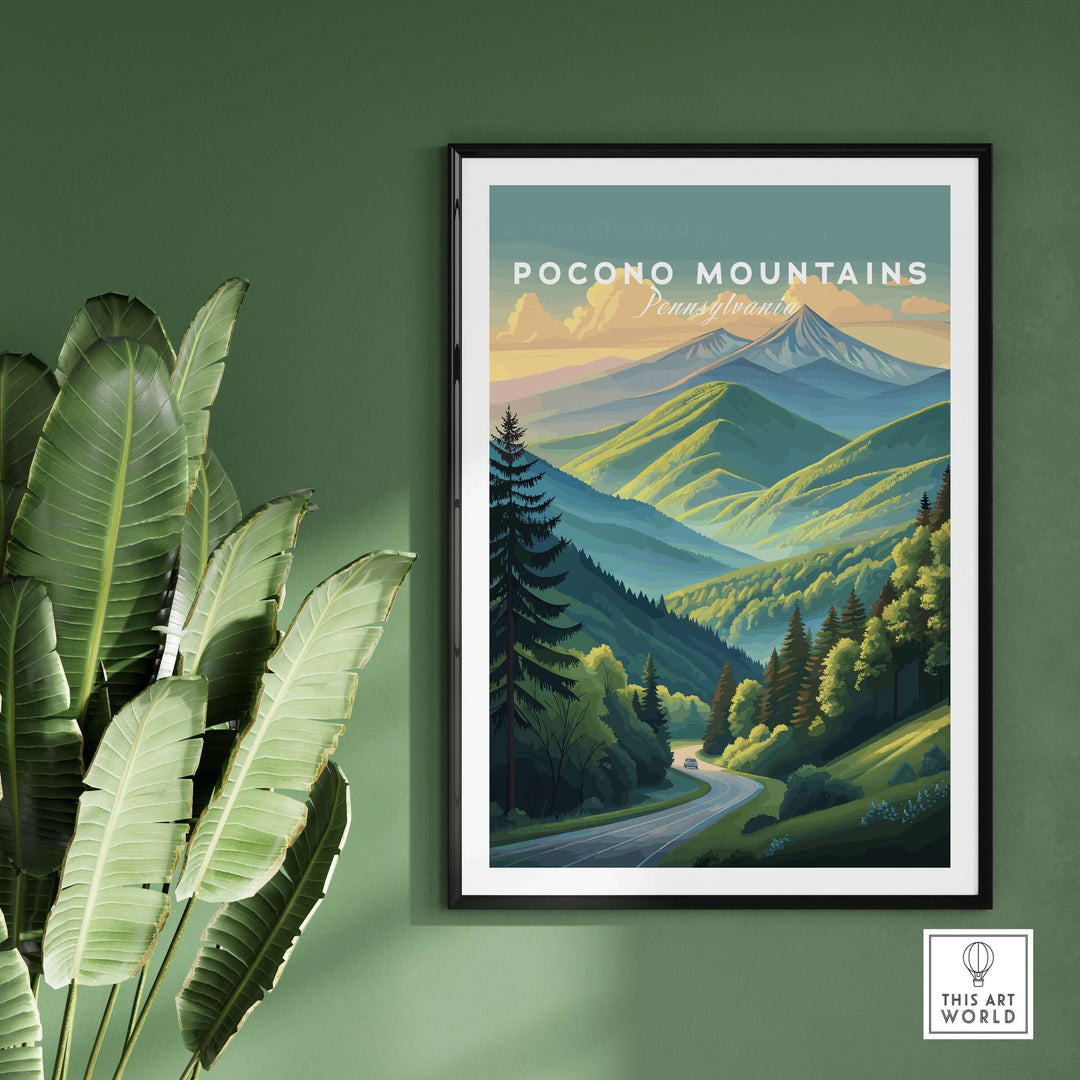 Pocono Mountains Pennsylvania scenic drive poster featuring a vibrant green valley, perfect for wall art decor.
