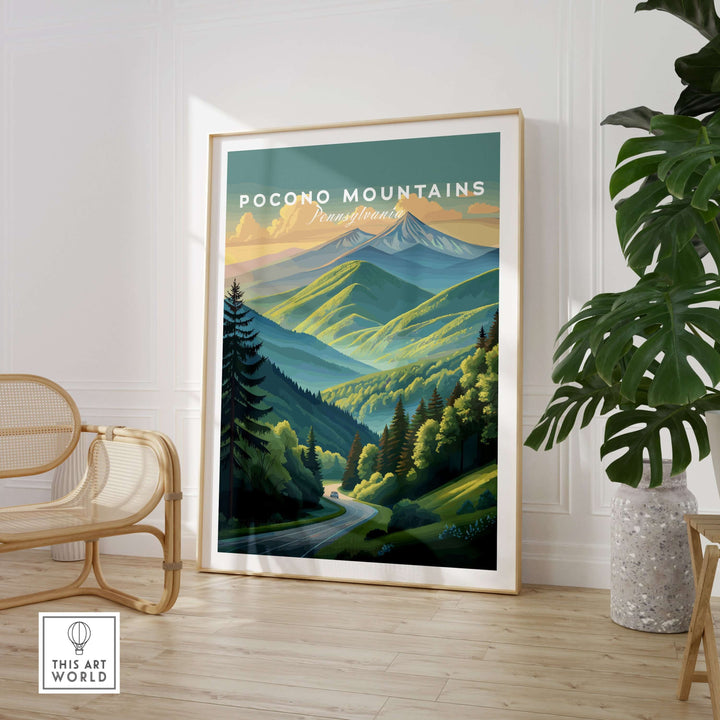 Pocono Mountains scenic drive poster featuring a vibrant green valley and mountains, perfect for wall art decor.