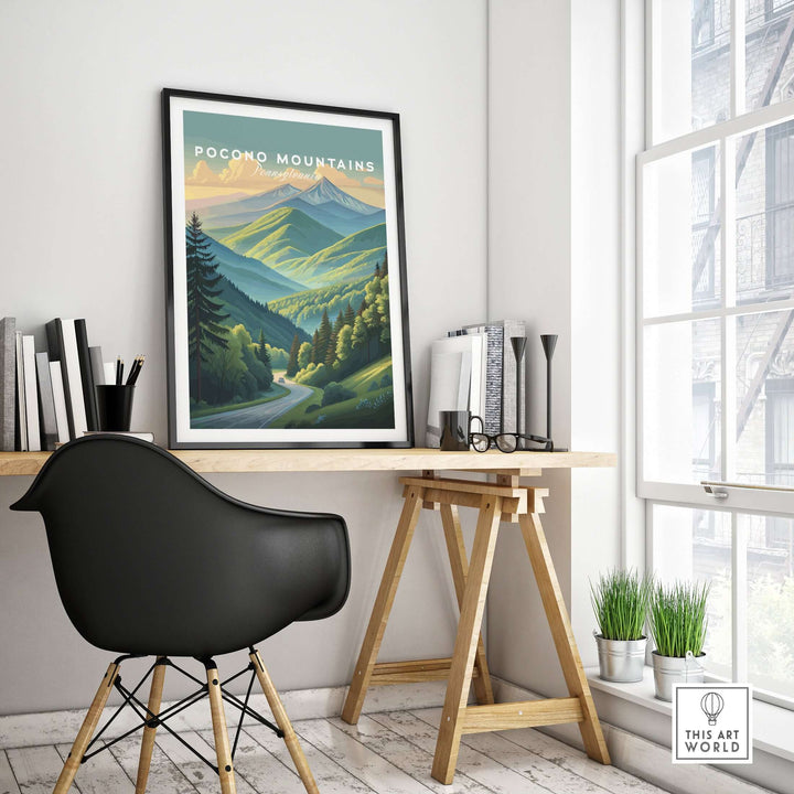 Pocono Mountains scenic drive poster depicting a green valley, enhancing a modern workspace with nature-inspired wall art.