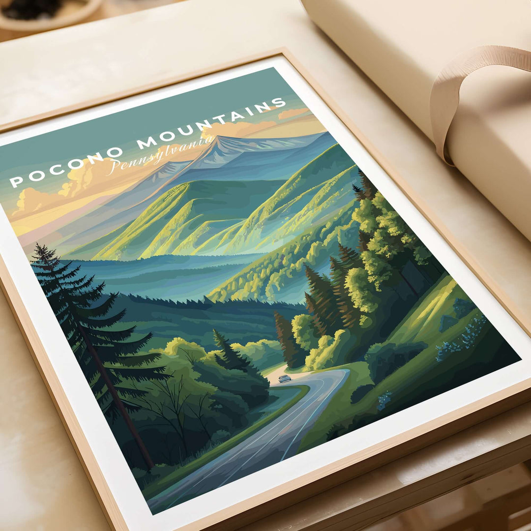 Pocono Mountains scenic drive poster featuring a vibrant green valley and mountains, perfect wall art for nature lovers.