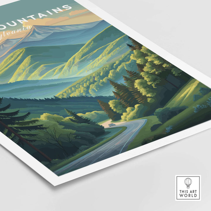 Pocono Mountains scenic drive poster showcasing a vibrant green valley and winding road, perfect for wall art.