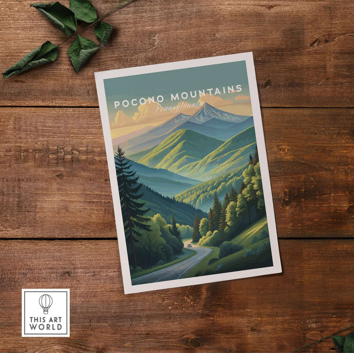 Pocono Mountains scenic drive poster featuring vibrant green valley and mountains, perfect for wall art decor.