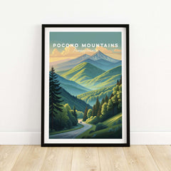Pocono Mountains Pennsylvania Scenic Drive Poster - Green Valley Wall Art featuring vibrant landscapes in a framed design.