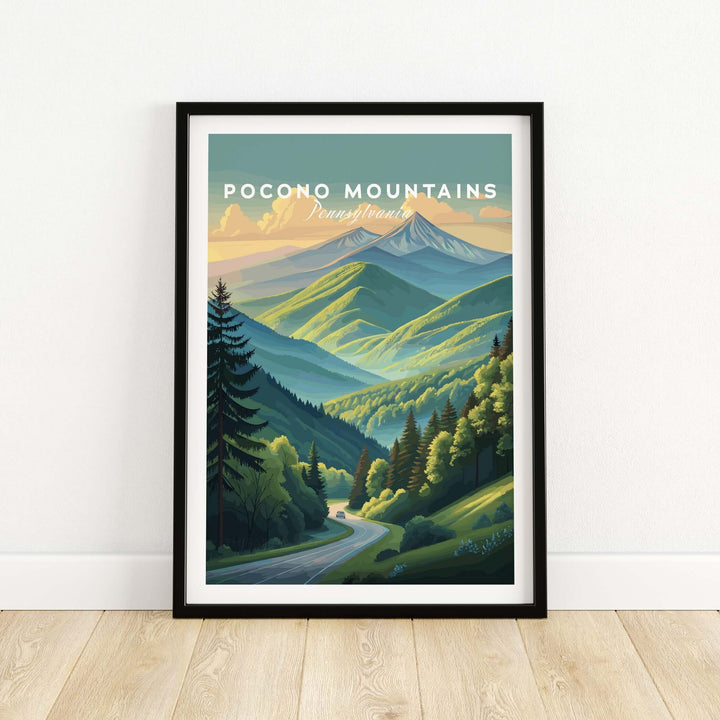 Pocono Mountains Pennsylvania scenic drive poster featuring a vibrant green valley and majestic mountains in wall art.