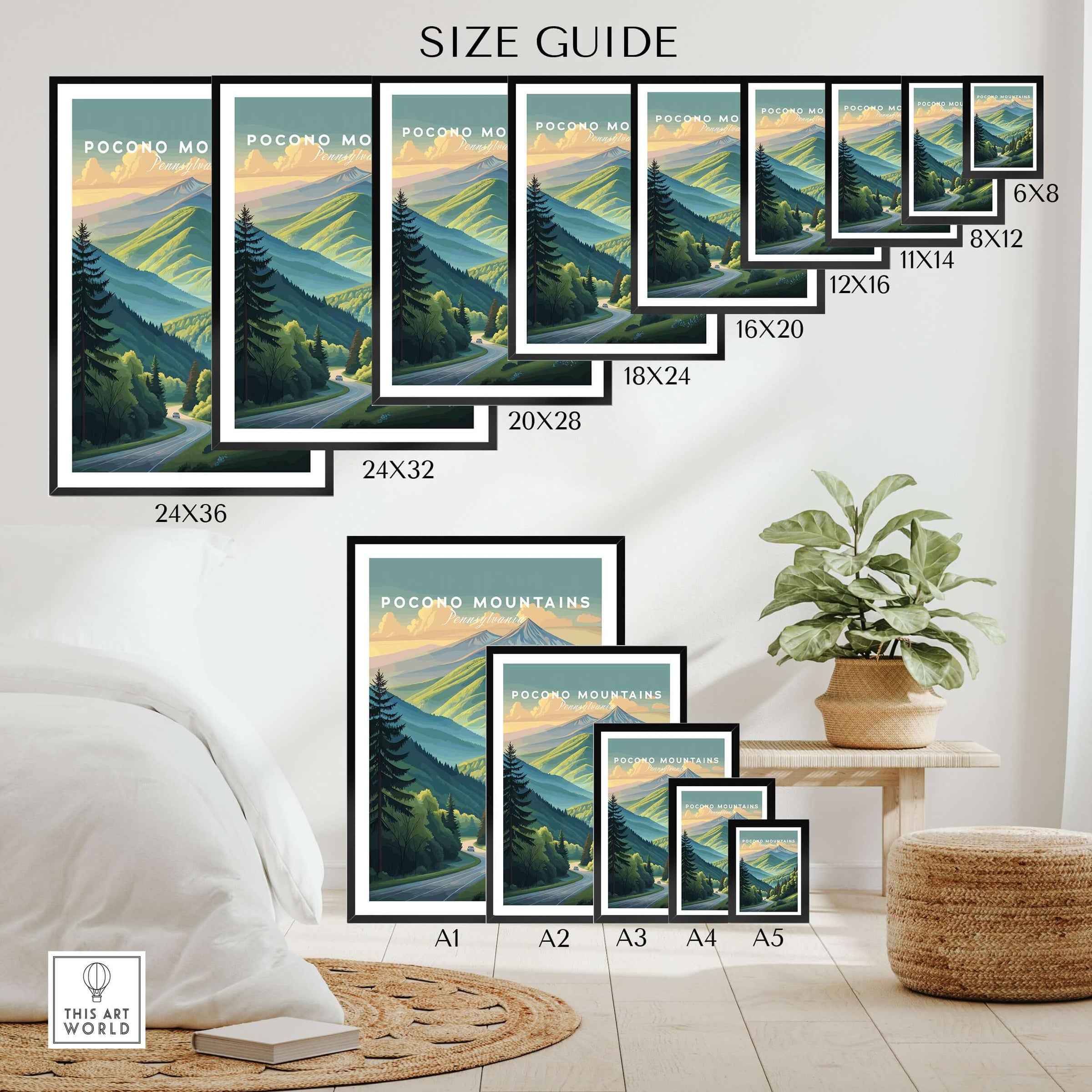Pocono Mountains Pennsylvania Scenic Drive Poster - Green Valley Wall Art Size Guide for Various Frame Sizes