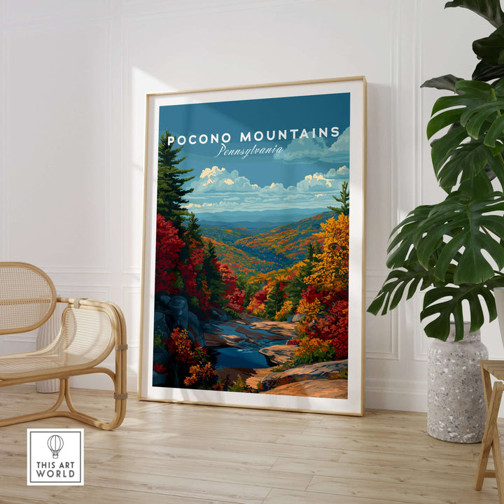 Framed Pocono Mountains poster showcasing vibrant fall scenery and scenic valley in a stylish interior setting.