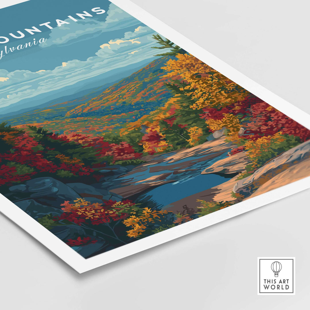 Pocono Mountains Pennsylvania Mountain Vista poster showcasing vibrant fall colors and serene scenic valley wall art.
