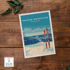 Pocono Mountains ski resort poster showcasing winter sports scenery and ski equipment.