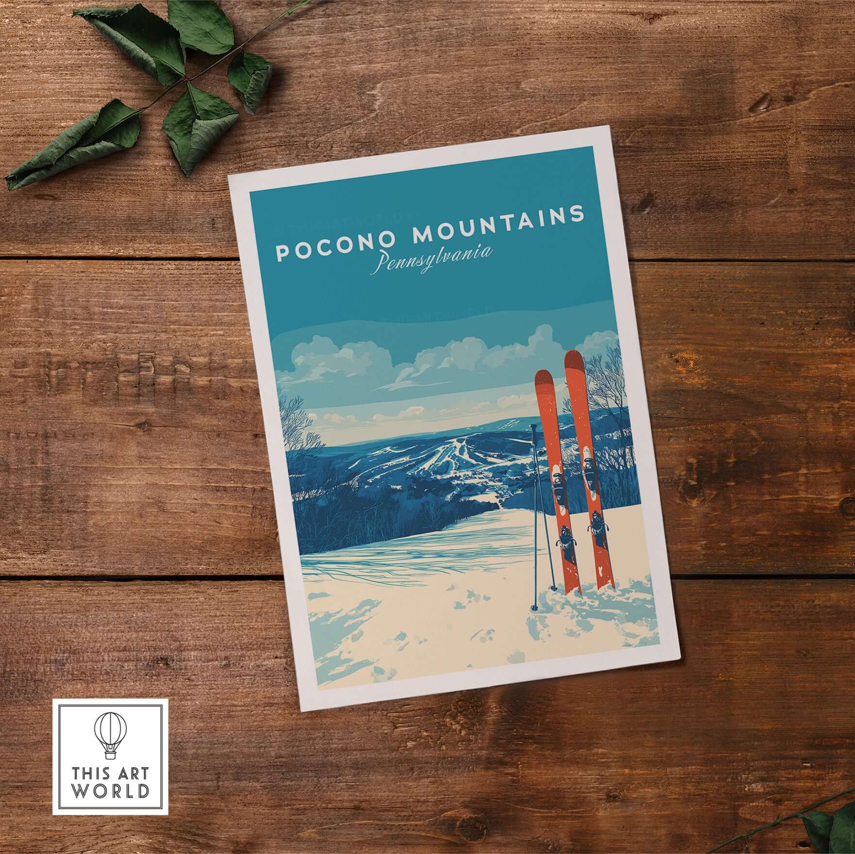 Pocono Mountains ski resort poster showcasing winter sports scenery and ski equipment.