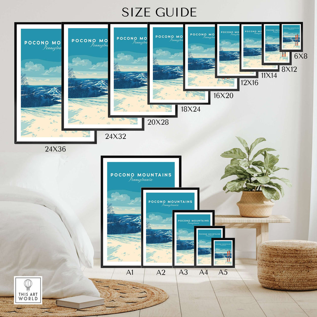 Size guide for Pocono Mountains Ski Resort Poster, showcasing various frame sizes against a living room backdrop.