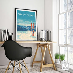 Pocono Mountains ski resort poster showcasing winter sports scenery in modern home office decor.