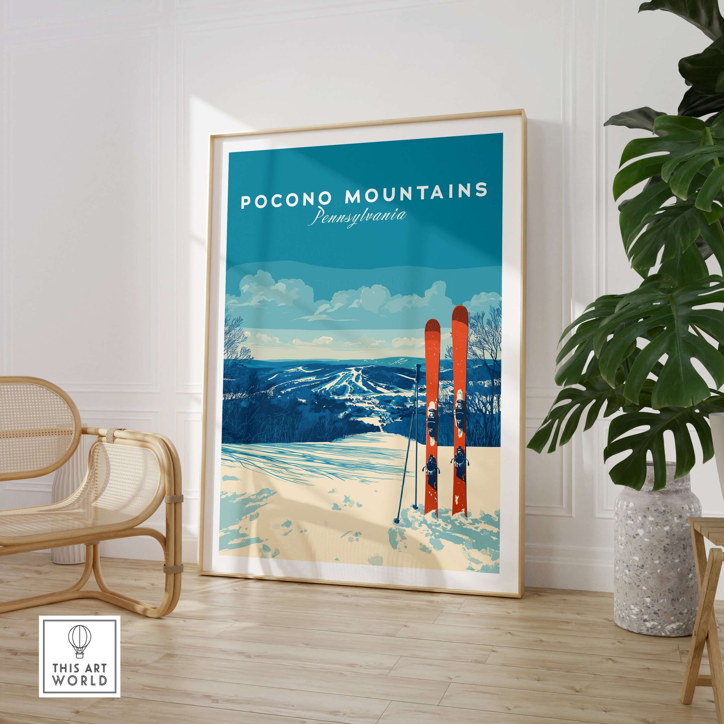Pocono Mountains ski resort poster featuring winter sports scenery and vibrant colors in a cozy living space.