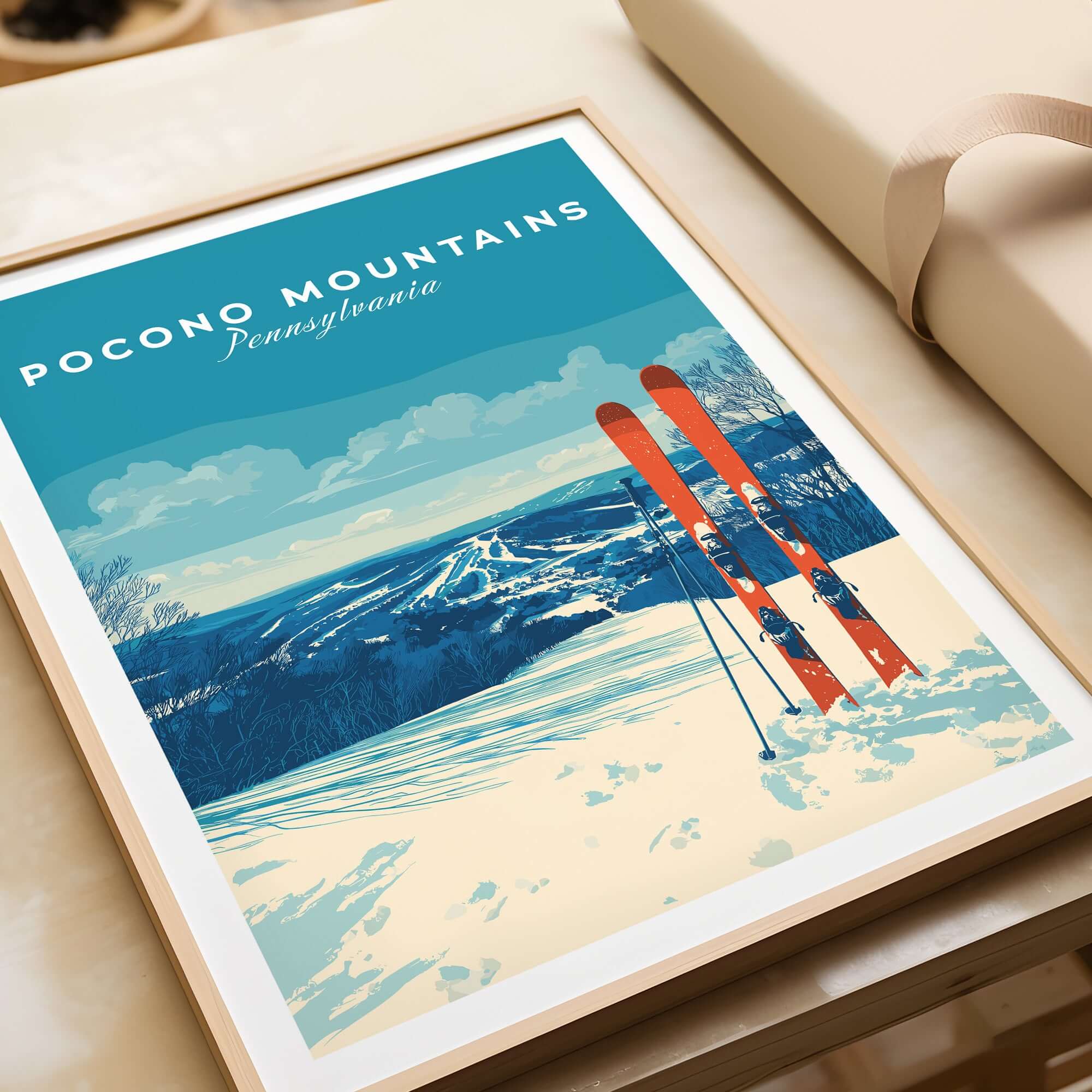 Pocono Mountains Pennsylvania ski resort poster showcasing winter sports scenery and vintage ski equipment.