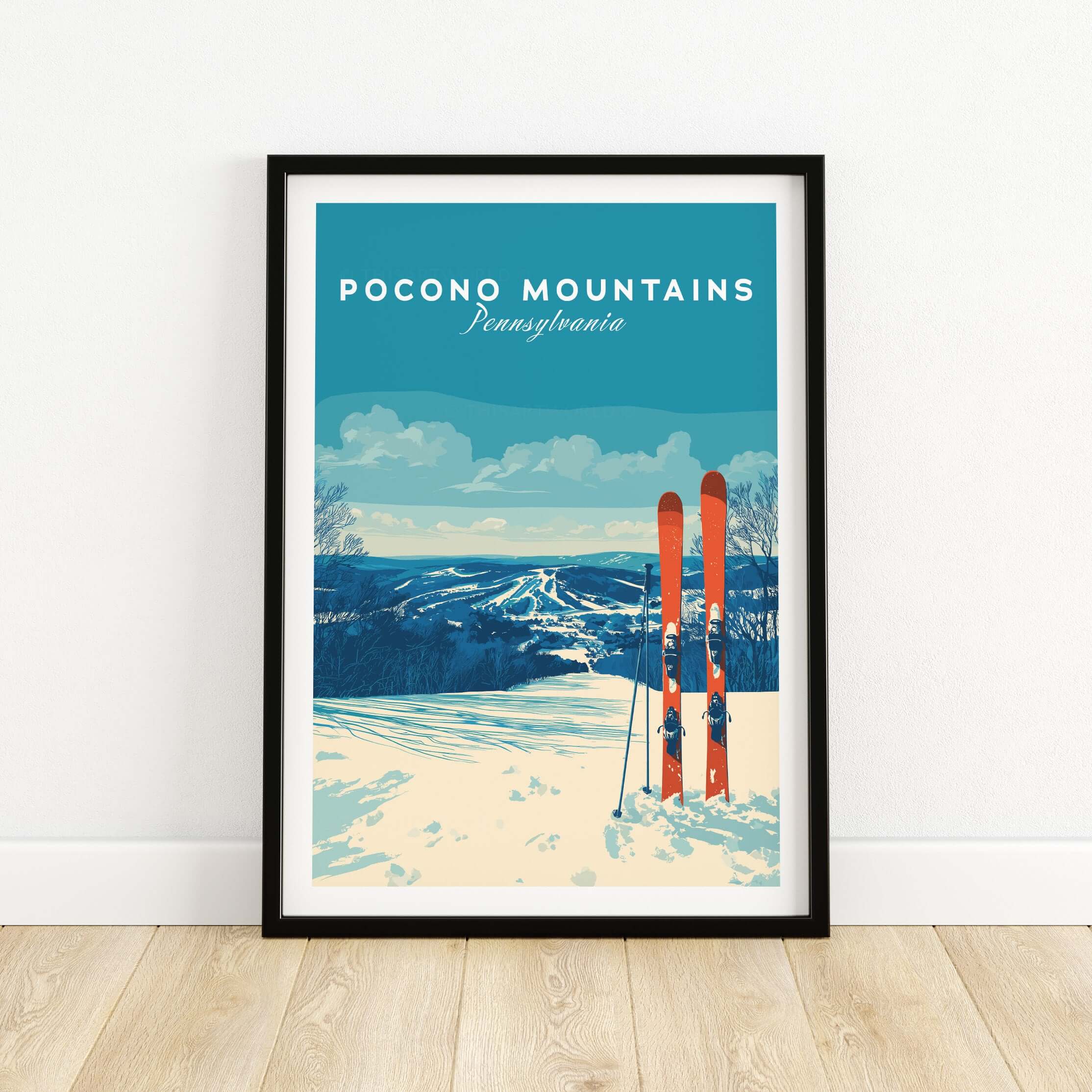 Pocono Mountains ski resort poster showcasing winter sports scenery and vibrant ski equipment in a snowy landscape.