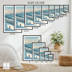 Size guide for Pocono Mountains Ski Run Poster showcasing various frame sizes and home decor placement.