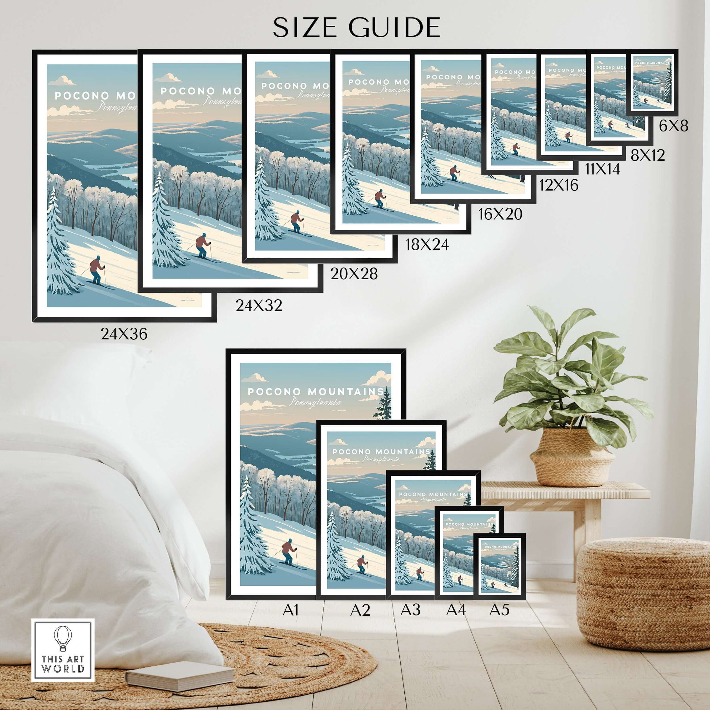 Size guide for Pocono Mountains Ski Run Poster showcasing various frame sizes and home decor placement.