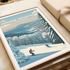 Pocono Mountains Pennsylvania ski run poster featuring skiers in a winter landscape, perfect for winter decor.