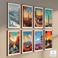 Gallery wall featuring travel posters including Pocono Mountains, Paris, Barcelona, and London.