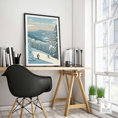 Pocono Mountains ski run poster displayed in a modern workspace, highlighting winter mountain art decor.