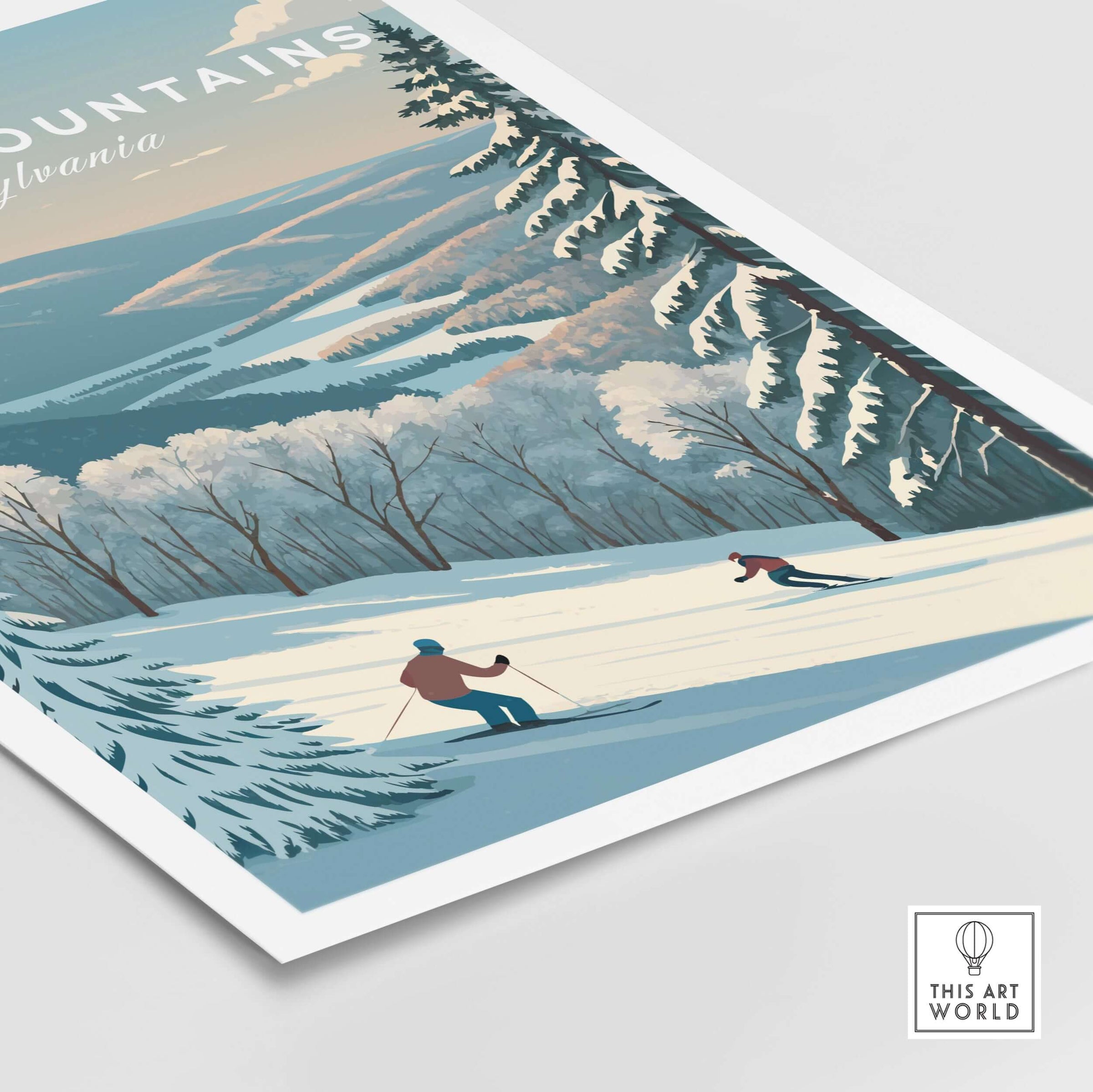 Pocono Mountains Pennsylvania ski run art print featuring snowy landscape and skiers on a winter day.